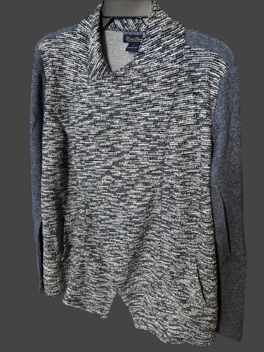 Lucky Brand Open Front Draped Cardigan M Marled Navy Blue White Shawl Collar Kni - Picture 5 of 7